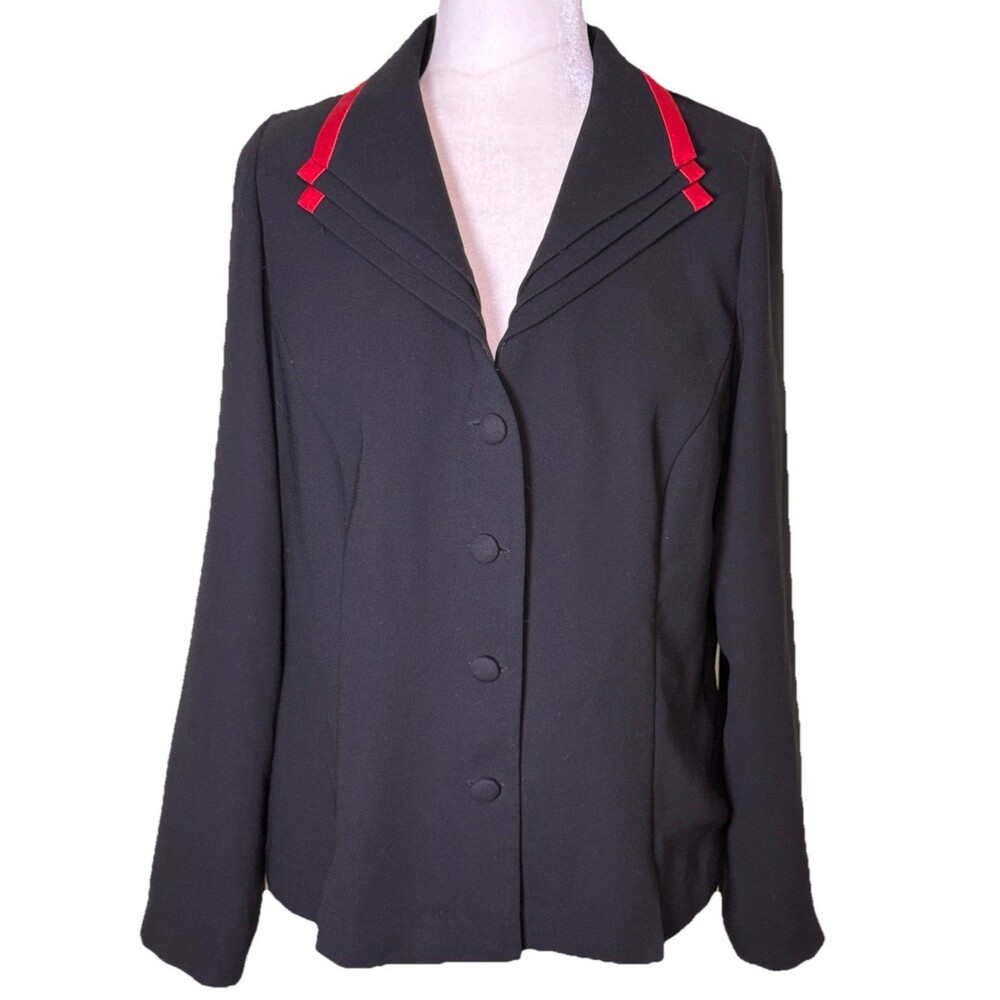 Women's Black Tailored Blazer 40s Secretary Style‎ Red Trim Red Accent Collar 18